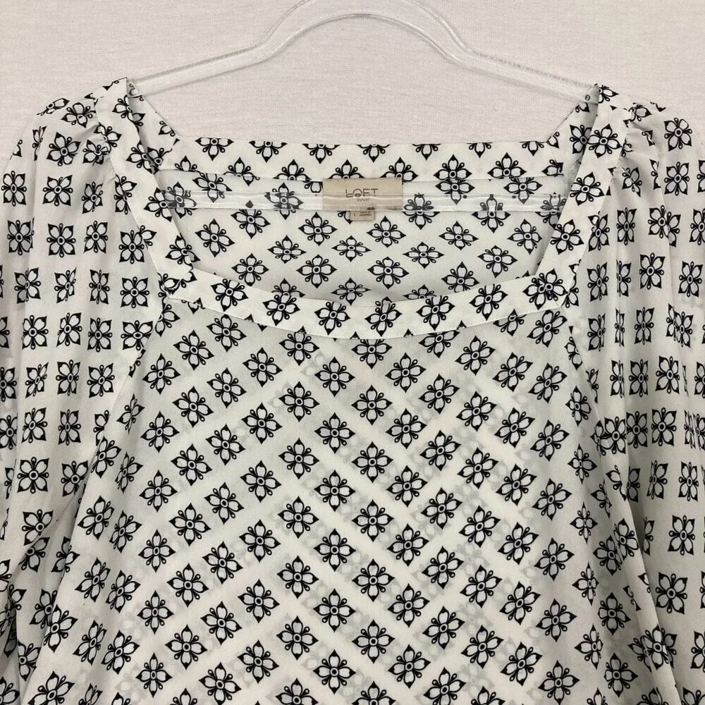 LOFT Black‎ White Square Neck 3/4 Puff Sleeve Feminine Preppy Blouse Large